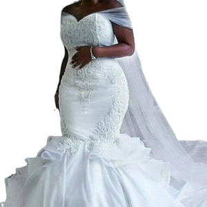 FA104 élégante robe de mariée sirène Vintage en Satin avec longue enveloppe pure dentelle blanche broderie robe de mariée sirène africaine