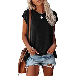Women's Casual Cap Sleeve T Shirts Basic Summer Tops Loose Solid Color Blouse with Pocket