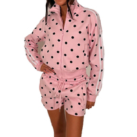 Fabricant de vêtements pour femmes en gros – Ensembles de survêtements courts sportifs roses à pois avec cordon de serrage, personnalisables avec logo