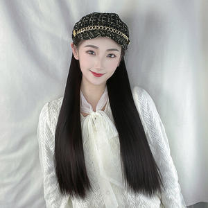 Parrucca Sintetica alla Moda <span class=keywords><strong>2026</strong></span>, Stile Piccolo e Raffinato, Parrucca con Cappello Integrato, Capelli Lunghi Lisci Neri, Densità 100%, Resistente al Calore - Product Image 4