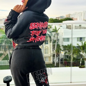 Wholesale Custom Women Distressed Screen Print Tracksuit High Quality Wash Sun Faded <b>Cropped</b> <b>Zip</b> <b>up</b> Hoodies Set Women Sweatsuits - Product Image 6
