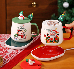 Heated <b>Christmas</b> Ceramic <b>Mug</b> <b>Set</b> with Warmer, Santa/Snowman Coffee Cup with Lid & Spoon, Ready to Ship - Product Image 2