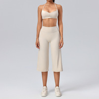 Setelan Yoga Wanita 2 Potong, Bra Olahraga Halter Ruffle, Legging Capri Pinggang Tinggi, Lembut dan Elastis untuk Olahraga di Gym