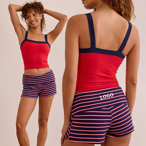 Two Pieces Striped <b>Gingham</b> Fold-over Yoga Shorts Sets 96% Cotton 4% Spandex Soft Stretch Customizable Patchwork Tank Top - Product Image 3