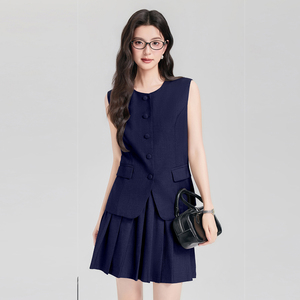 Traje de Dos Piezas <span class=keywords><strong>para</strong></span> Mujer, Estilo Universitario, <span class=keywords><strong>Chaleco</strong></span> sin Mangas, Falda Plisada Azul, Elegante, Juvenil - Product Image 1