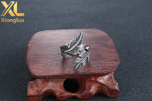 Stainless Steel Feather Retro Fashion Leaves Men's <b>Silver</b> <b>Adjustable</b> Opening <b>Ring</b> - Product Image 6