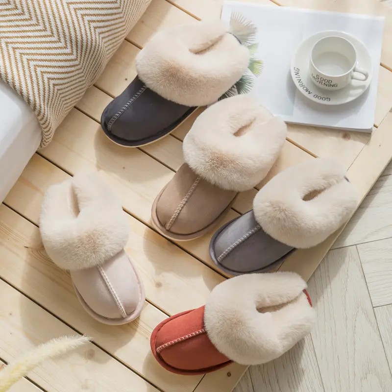 Women's Indoor Custom House Fuzzy Wool Fur Pantuflas Non slip Winter Warm Scuff Memory Foam Fluffy Soft Home Slippers for Ladies