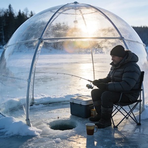 Abri de pêche sur glace en dôme transparent, tente bulle imperméable et coupe-vent en PVC, avec armature droite stable pour la pêche en extérieur - Product Image 1