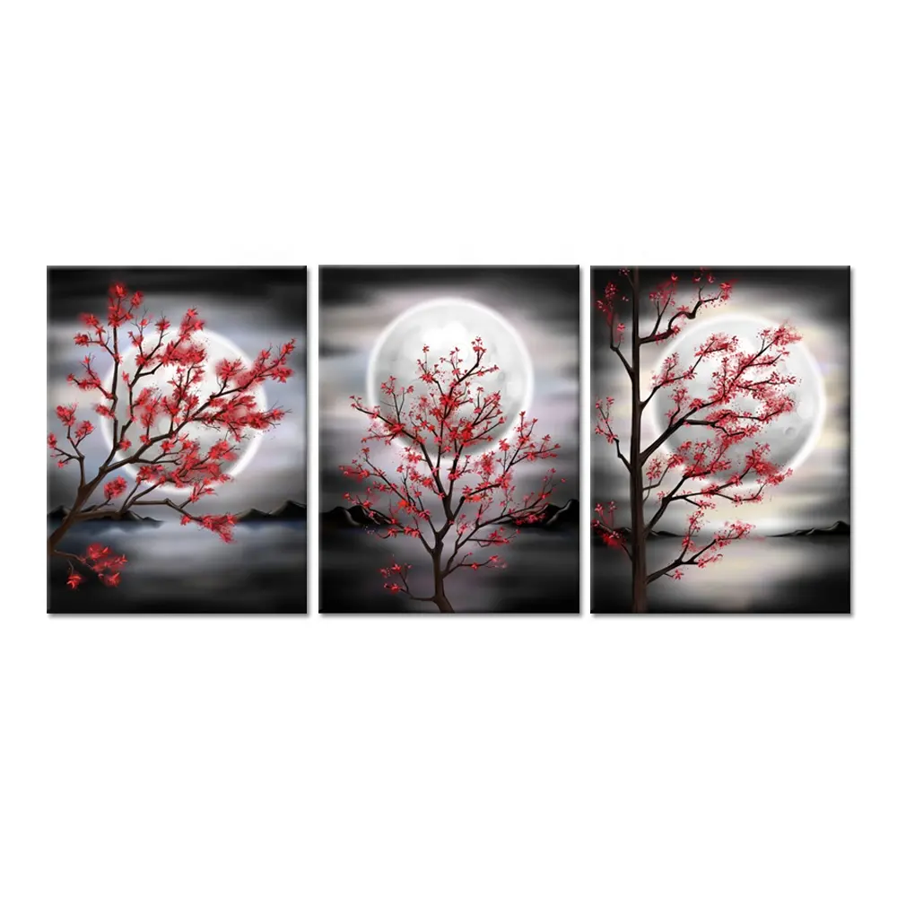 3 Pieces Black and Red Canvas Wall Art Full Moon Red Flower Tree Painting Nature Landscape Artwork Picture Print on Canvas