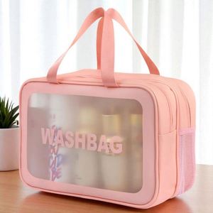 Sacs cosmétiques doublement transparents en PU écologiques, personnalisables, grands, imperméables, avec séparation humide-sèche, organisateur de maquillage de voyage, poignée souple - Product Image 6