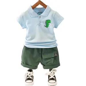 Summer suit boys 2020 New lapel cartoon Dinosaur short sleeved shirt shorts children two pieces clothing set