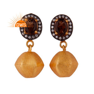 Smoky Quartz Gemstone Earrings Indian Designer Gold Plated Brass Fashion Dangle Earrings Jewelry Supplier - Product Image 1
