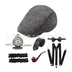 Men's Themed Party Hat Pipe Pocket Watch Tie Suspenders Set Costume Props - Product Image 1