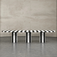 Table à manger ovale en marbre rayé DH avec incrustation, placage de pierre linéaire, base à trois colonnes cylindriques, mobilier de salle à manger design moderne