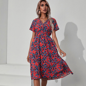 Robe d'été vintage à fleurs MOTE-ZC456, robe midi décontractée à imprimé floral pour femmes, manches courtes, col en V, robe à fleurs - Product Image 6