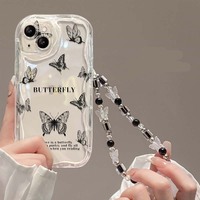 Coque de téléphone portable en TPU avec motif papillon noir pleine surface et bracelet perlé pour iPhone 6 7 8 X Xr XS 11 12 13 14 15 16 17 Pro Max