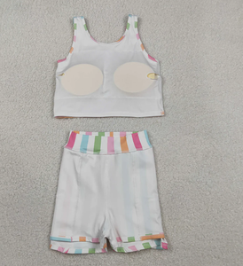 Conjunto de Ropa de Yoga para Niñas GSD2348, Camiseta sin Mangas con Rayas Coloridas, Pantalones Cortos de Verano, Faldas hasta la Rodilla - Product Image 3