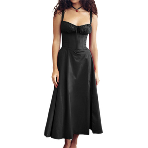 Abito da donna estivo Boho con spalline e spalline con spacco alla coscia con cravatta anteriore tinta unita senza maniche Vintage senza maniche A Line abiti da spiaggia - Product Image 5