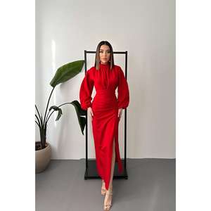 Wholesale <b>Red</b> Floor-Length Evening Dress Gathered Front Slit <b>Skirt</b> Tiered Decoration XL Size for Formal Evening Parties - Product Image 5