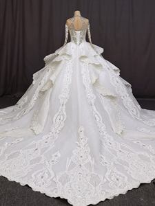 Robe de mariée moderne sur mesure pour la mariée, col montant, manches longues, dentelle perlée, fleurs en cristal, traîne cathédrale, coupe princesse - Product Image 6