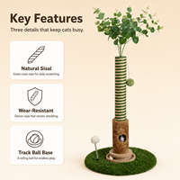 Griffoir pour chat en sisal haut avec enveloppe en corde verte, tanière en peluche avec trou pour souris et jouet interactif à bille pour chats d'intérieur
