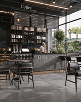 Aménagement intérieur de café minimaliste, mobilier de boutique, meubles en bois et en verre personnalisés, présentoirs et équipements pour café.