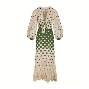 Vestidos Casuales de Lino con Estampado Geométrico, Cuello en V, Manga Larga Abullonada, Suaves, de Alta Calidad, con Logotipo Personalizado al por Mayor - Product Image 1