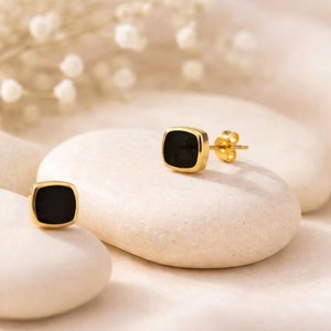 Minimalist Black Obsidian Flat Cushion <b>Stud</b> Earrings Double Sided Flat Natural Gemstone In 925 <b>Sterling</b> <b>Silver</b> Or 18K Gold - Product Image 5