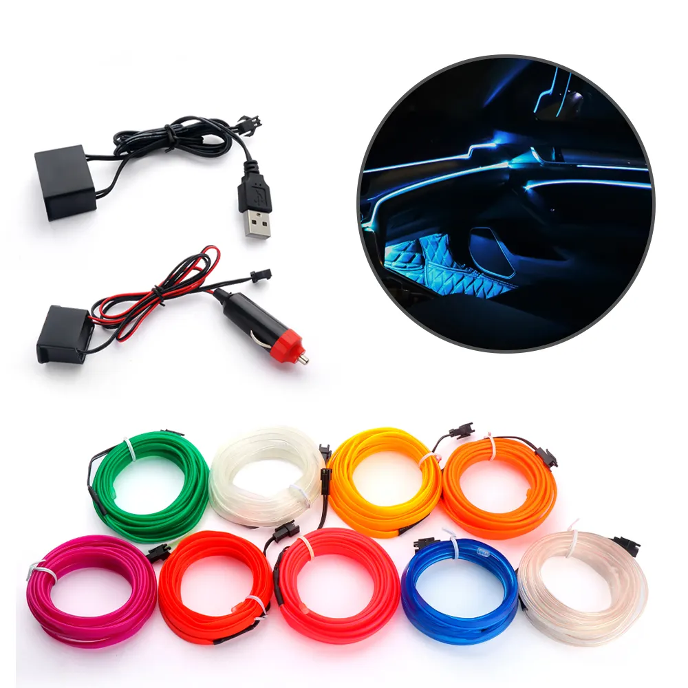 1M/2M/5M/6M USB Cigarette Drive flexible Neon Wire RGB LED Car Interior Lighting LED Strip Decoration
