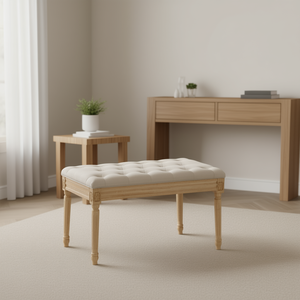 Banc ottoman rembourré 16W, repose-pieds capitonné en tissu beige, pieds en bois d'hévéa, mobilier de salon, tabouret de maison - Product Image 2