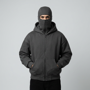 Service OEM – Nouvelle cagoule zippée pour homme, noire et blanche, en coton lavé et vieilli, avec logo dessin animé imprimé, respirante, idéale pour l'hiver - Product Image 1