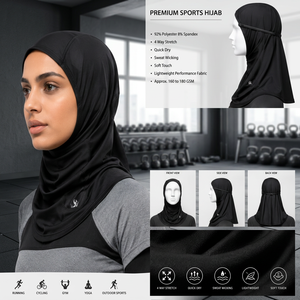 Premium Sports Hijab Women Black Plain Long Lightweight Polyester Performance Fabric 4 Way Stretch Breathable Quick Dry Sweat - Product Image 3
