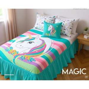Edredón Unicornio Mágico Individual de 1.2m con 1 Cojín, Juego de Ropa de Cama de Dibujos Animados para Uso Doméstico, Todas las Temporadas, con Volantes, Edrocolcha - Product Image 2