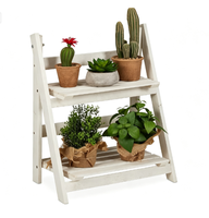 Support à plantes pliable à 2 niveaux en bois, étagère à fleurs à lattes, blanc délavé, pour intérieur, extérieur, balcon, jardin