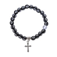 Bracelet croix assorti pour couple, perles noires et blanches, pendentif crucifix chrétien, bracelet religieux extensible, cadeau bijou