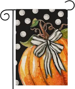 12X18 Inch Double Sided Seasonal Pumpkin With Bowknot White Dots Burlap Garden Flags For Farmhouse Autumn Holiday Party