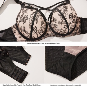 Ensemble de lingerie sexy en dentelle personnalisé pour femmes grandes tailles, spécial été, pour poitrines généreuses, avec soutien-gorge push-up à armatures et couvrance complète - Product Image 4