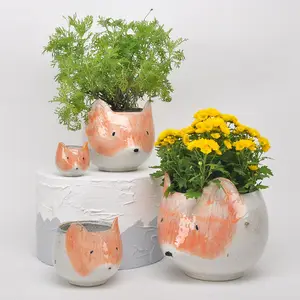 Vaso de cerâmica pintado à mão para plantas, decoração caseira, formato de raposa, suculento, plantador de animais para plantas internas