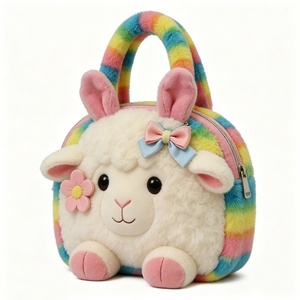 Sac fourre-tout en peluche mignon pour sorties entre amis, sac à main en peluche sur le thème des animaux pour adolescents, sac fourre-tout en peluche arc-en-ciel vif avec visage de mouton - Product Image 3