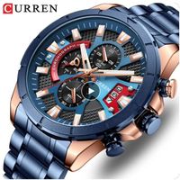 Curren 8401 Neue Original Roségold Quarzuhr für Herren Luxus Kalender Chronograph Großes Zifferblatt 3ATM Wasserdicht Blaue Uhren