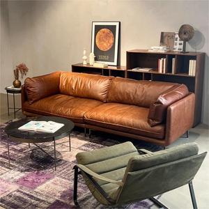 Vintage Waxed Top Grain Leather <b>Sofa</b> Italian Minimal Mid-century Hug Design Straight Couch <b>for</b> Living Room - Product Image 1