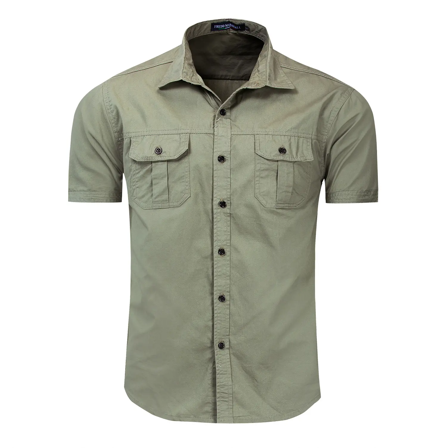 Moda tendência manga curta camisa de algodão puro estilo militar camisa ao ar livre roupas masculinas