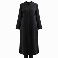 Gaun Tunik Maxi Wanita Bahan Campuran Linen Katun Hitam Kerah Mandarin Kancing Tersembunyi Lengan Panjang Belahan Samping Pemasok Terlaris