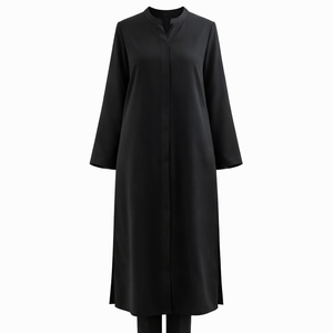 Abito Tunica <span class=keywords><strong>Lungo</strong></span> da Donna Personalizzato in Misto Lino e Cotone <span class=keywords><strong>Nero</strong></span> <span class=keywords><strong>con</strong></span> Collo alla Coreana, Abbottonatura Nascosta, Maniche Lunghe e Spacchetti Laterali - Fornitore di Tendenza - Product Image 2