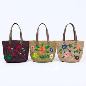 Bolso Tote de Rafia Floral para Mujer, Cierre Abierto, Sin Forro, Bolso de Hombro para Vacaciones de Verano - Product Image 1