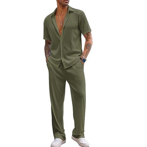 Custom Wholesale Spring Men's Knitted Solid 2-Piece Casual Short Sleeve Button Down Shirt And Loose Pants Set