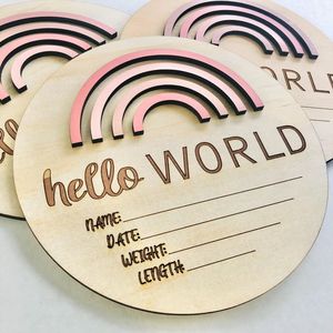 Panneau rond <span class=keywords><strong>en</strong></span> bois <span class=keywords><strong>arc</strong></span>-<span class=keywords><strong>en</strong></span>-<span class=keywords><strong>ciel</strong></span> de 5,9 pouces « Hello World » pour l'annonce de la naissance, carte d'annonce du nom du nouveau-né, accessoire photo pour bébé à l'hôpital - Product Image 4
