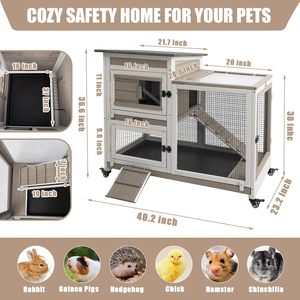 Gaiola para Coelhos Interna/Externa de 2 Andares com Estrutura de Madeira, 4 Rodas de Metal, Painéis à Prova de UV, 2 Bandejas Mais Profundas, Acesso Superior à Prova de Vazamentos - Product Image 2