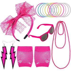 Neon Pink Bachelorette Party Costume Set Headband <b>Fishnet</b> Gloves Sunglasses Beads Earrings Halloween Props - Product Image 1
