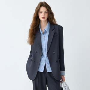 Women's Blazer Suit Set Double Breasted Cream Color Full Sleeve Autumn Anti-Wrinkle Korean Style Casual Wear - Product Image 2
